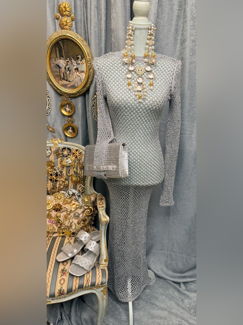 “Liquid Silver Mesh" High-Glam Resort Dress size S